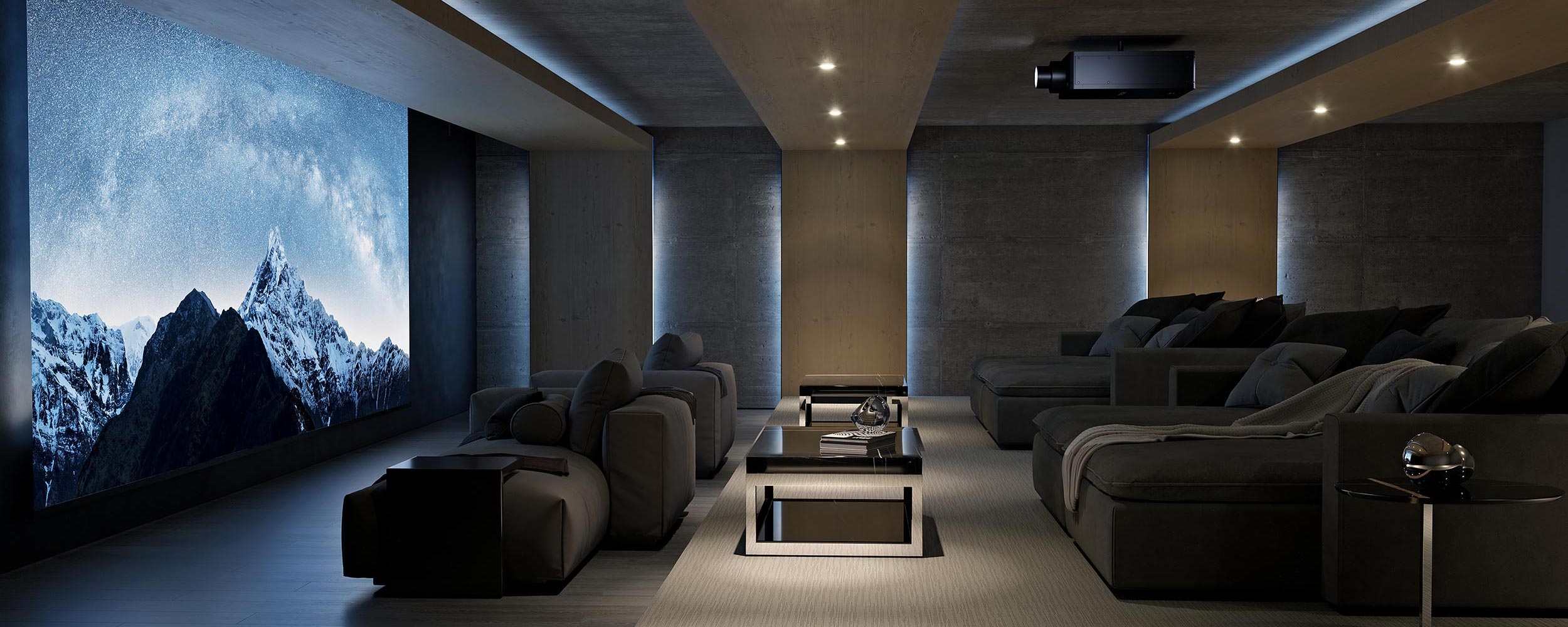 A luxury home theater with large screen and plush seating in a minimalist setting.
