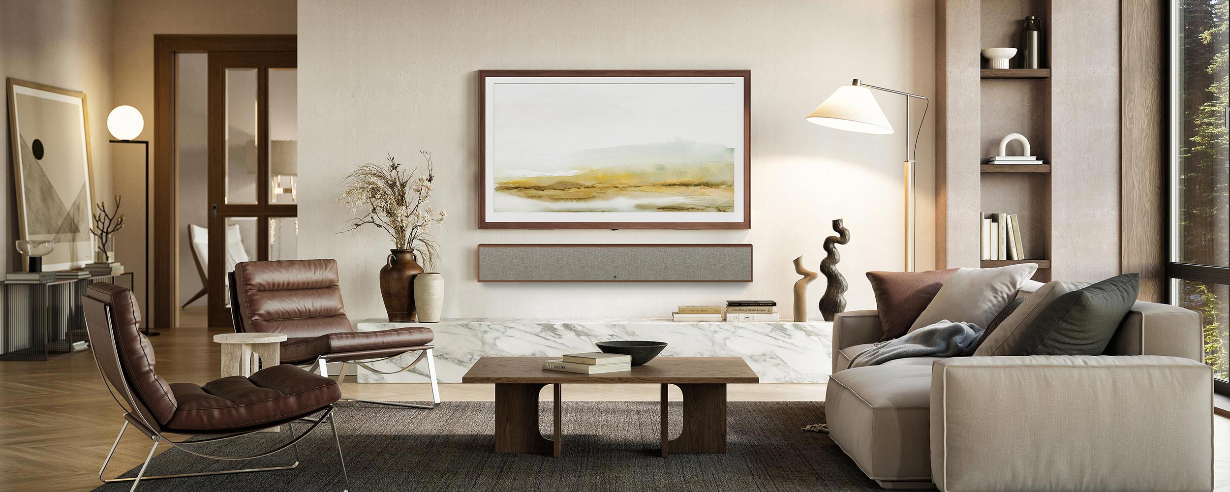 A wall-mounted TV displaying a serene landscape in a contemporary living room.