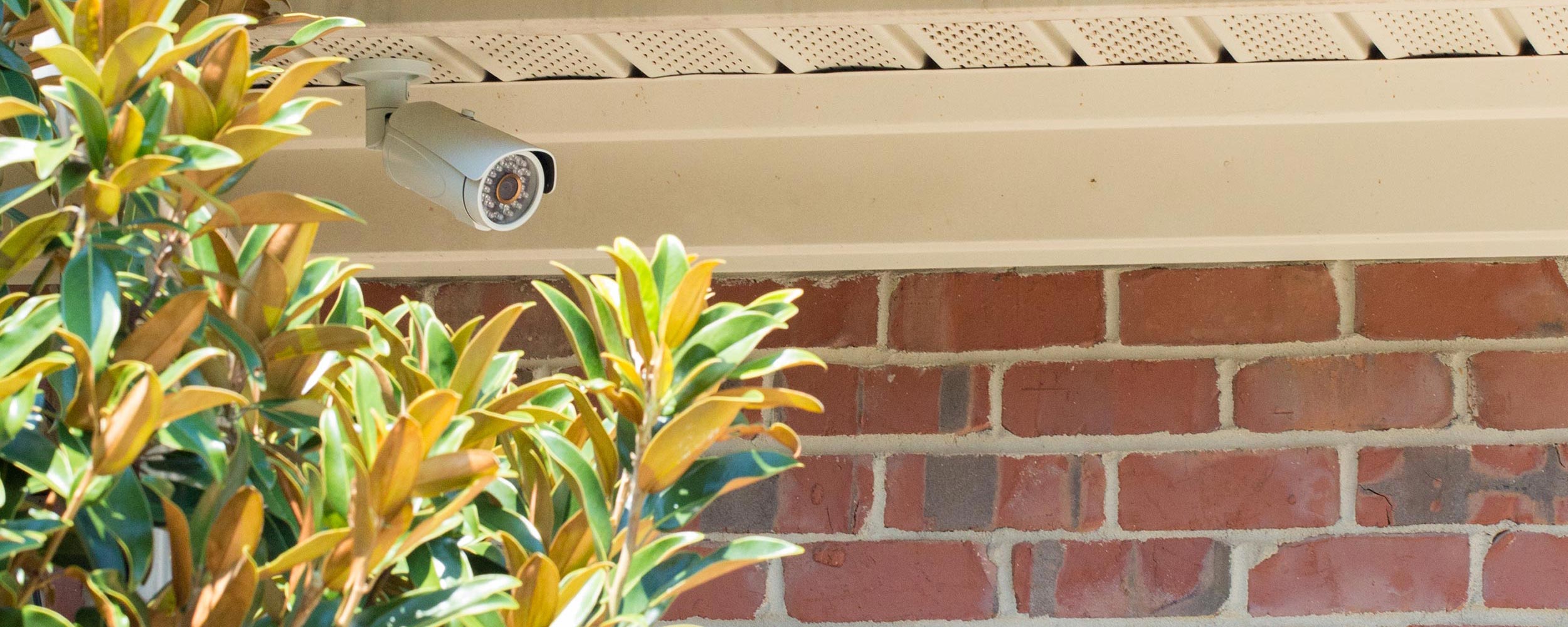 A security camera mounted under a roof eave with greenery in the foreground.